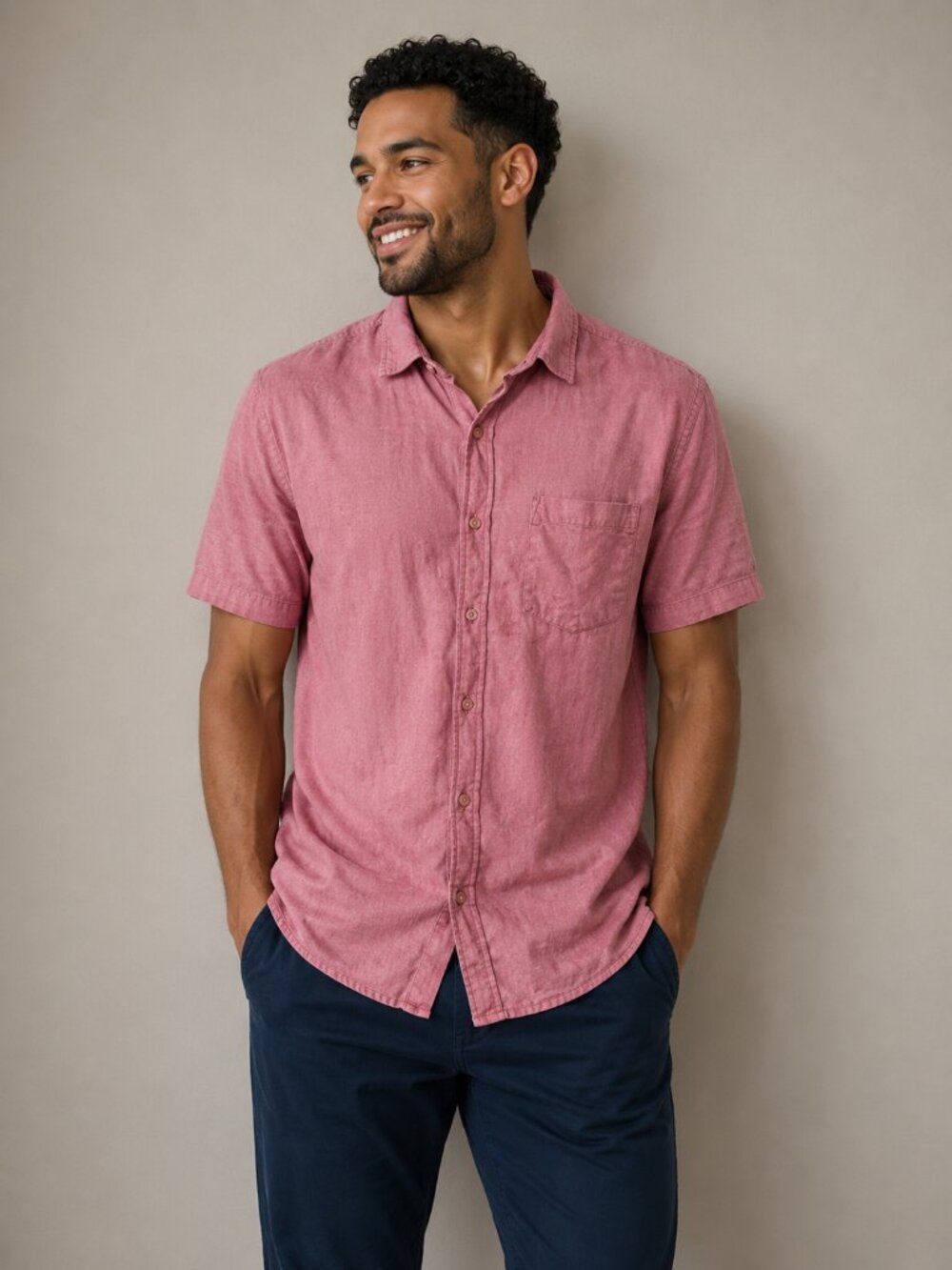 West 49 Men's Pink Short Sleeve Button-Up Shirt Size Large 100% Cotton